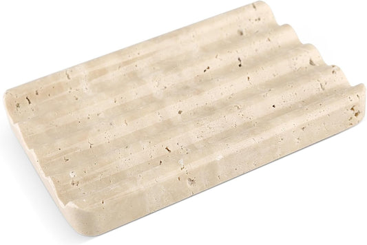Marble Soap Dish, Beige Travertine Bar Soap Holder Shower, Brown Large Bathroom Soaps Saver, Easy Cleaning Natural Stone Sponge Holder for Kitchen Sink, Executive Jewelry Ring Tray
