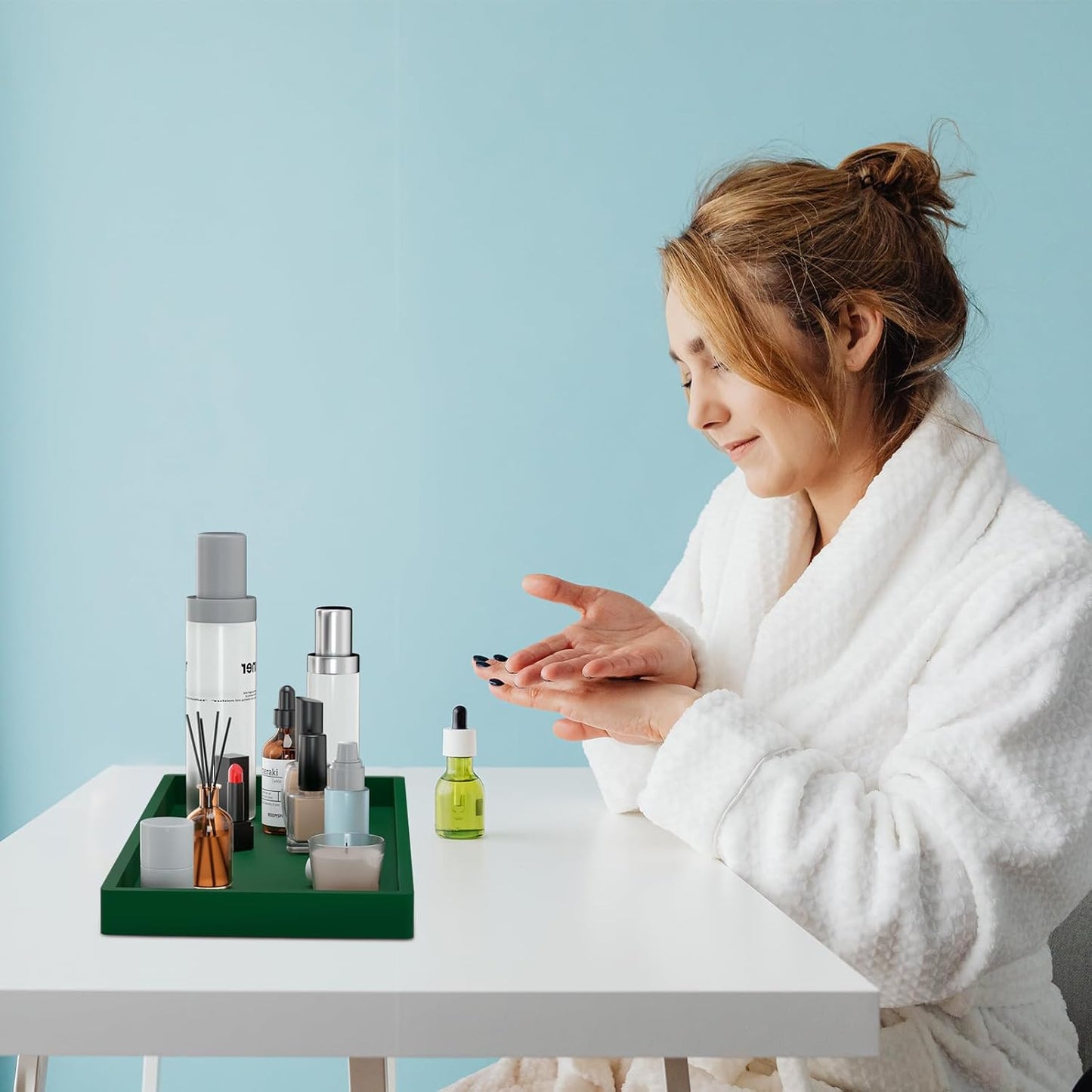 BBK Bathroom Vanity Tray- 2 Pack (7.8" and 11.8") Silicone Bathroom Tray for Counter, Perfume Key Trinket Ring Tray, Decor Soap Dispenser Countertop Tray for Kitchen Sink Organization.(Green)