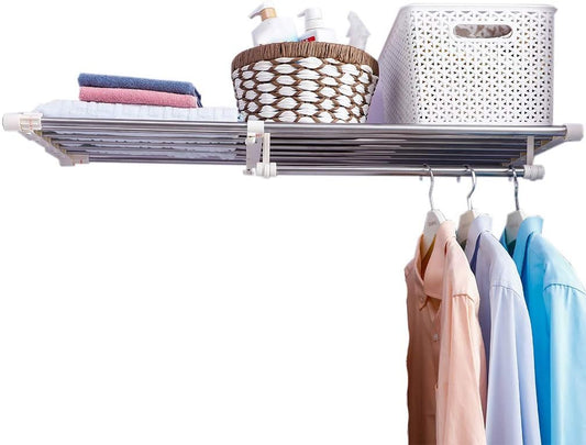 Hershii Closet Tension Shelf Expandable Telescopic Rod Heavy Duty Clothes Hanging Rail Adjustable DIY Storage Organizer Shoe Rack for Garage Bathroom Kitchen Bedroom