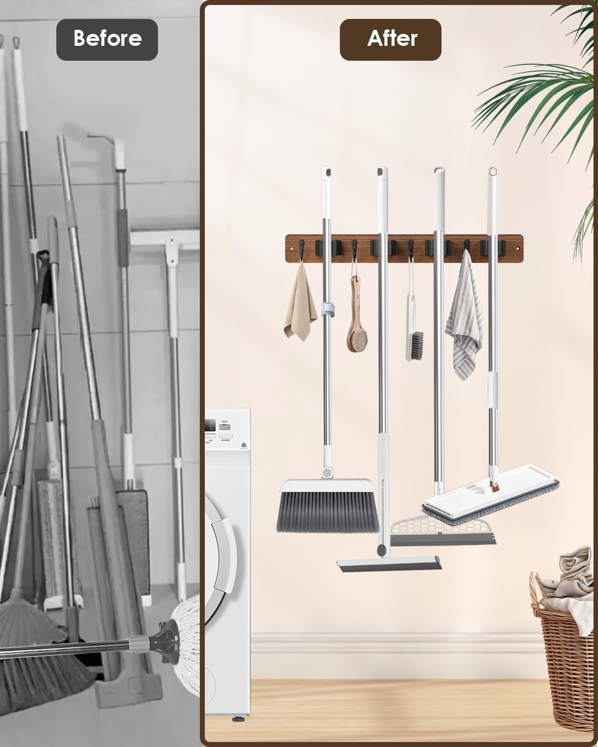 Broom Holder Wall Mounted, 4 Holders and 4 Hooks Mop Holder, Wooden Mop and Broom Holder with Anti slip rubber, Natural pine wood Brush Holder, Mop Wall Holde with Nail installation, Room Storage