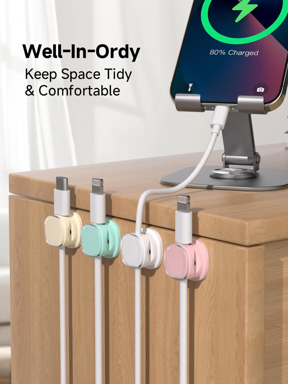 Magnetic Cable Clips, Adjustable Cord Holder Management, Adhesive Wire Keeper Organizer for Home Office Desk Phone PC Car Wall Desktop Nightstand Appliance (9-PCS White_Purple_Cyan_Apricot)