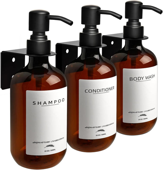 Shampoo Dispenser for Shower Wall Mount, No Drill Shampoo and Conditioner Dispenser with Matte Pump and Waterproof Labels, Shower Soap Dispenser Wall Mounted for Home Bathroom - Amber