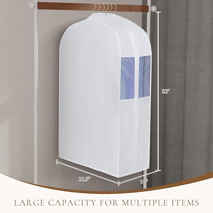 Univivi Premium Cotton Garment Bags for Hanging Clothes, 32 Inch Washable Suit Storage Bags for Closet Storage with Extra Large 10" Gusset & Clear Window - Perfect for Shirts, Short Skirt - 2 Pack