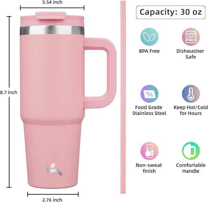 30 oz Tumbler with Handle and 2 Straws,2 in 1 Lid Insulated Water Bottle Stainless Steel Travel Coffee Mug,Pink