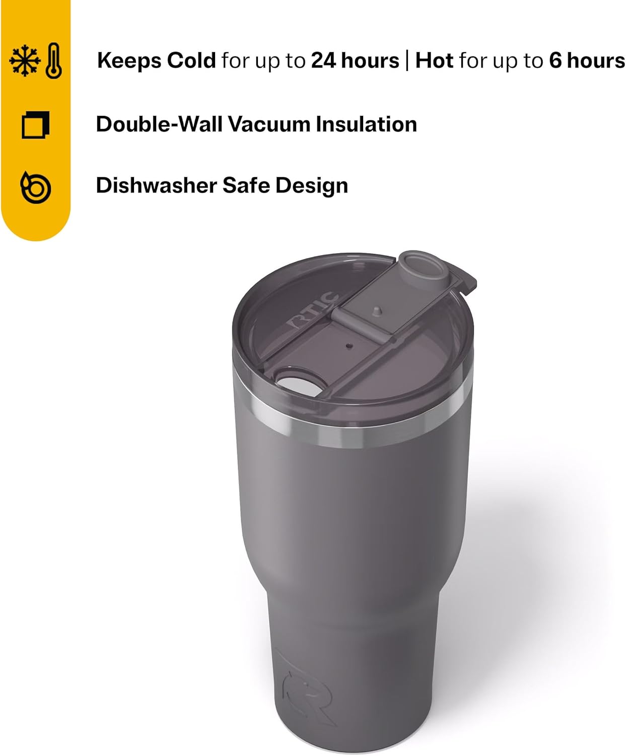 RTIC 40oz Essential Tumbler with Lid, Ceramic Lined, Insulated, Stainless Steel, Metal, Double Wall Vacuum-Insulation, Travel Cup for Iced Coffee, Tea, Hot and Cold Drink, Graphite