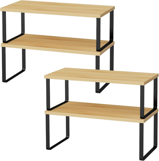 Cabinet Shelf Organizers, 15.7 inches Large Kitchen Counter Shelf, Set of 4 Wood Kitchen Pantry Organizer, Storage Shelves for Countertop, Spice Rack, Stackable, Expandable, Metal Black, Nature