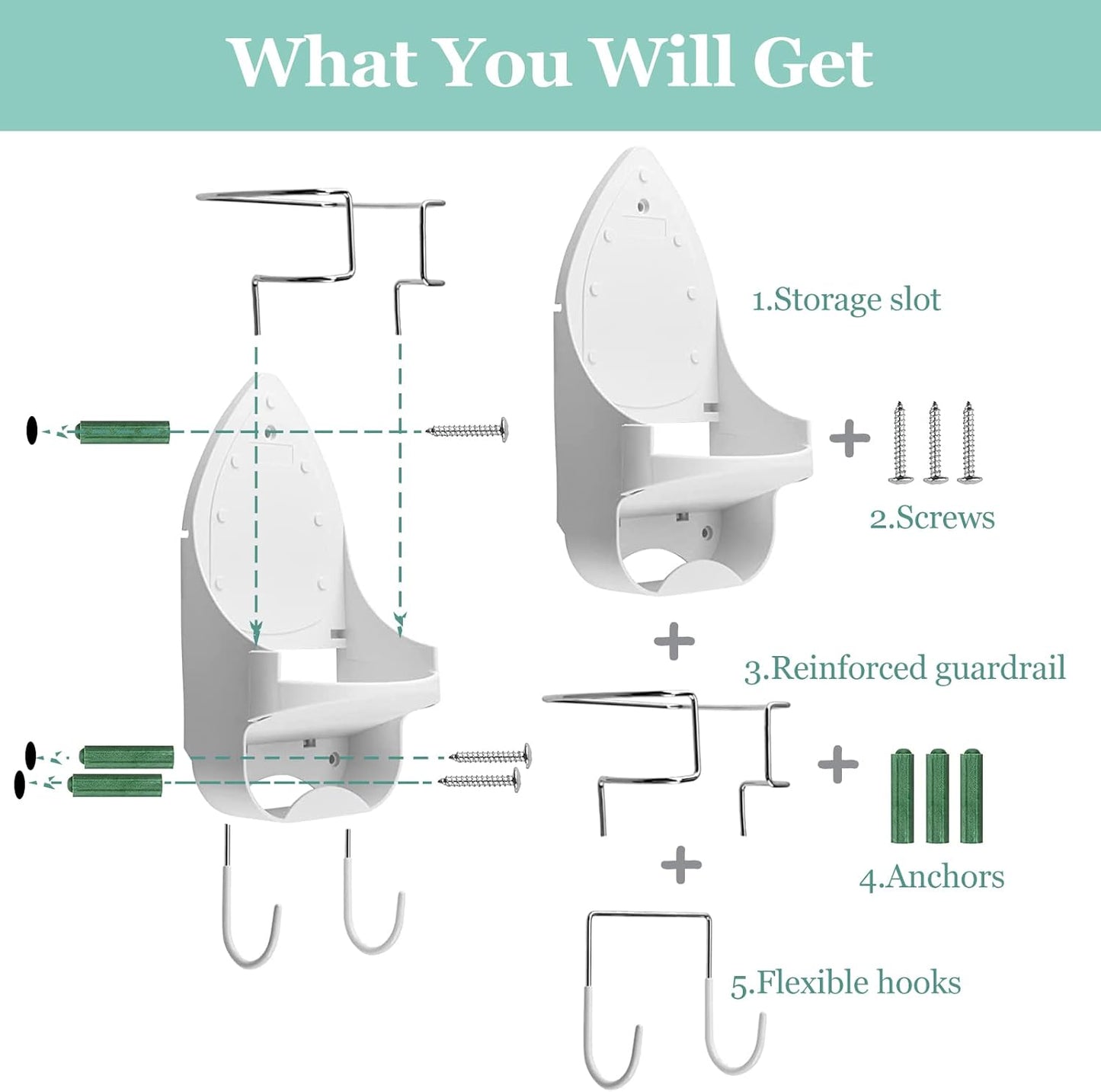 Wall Mount Iron Board Hanger and Ironing Board Storage Organizer Shelf With Removable Hooks for Household Bathroom Laundry Room (White)