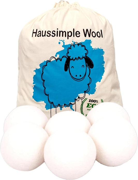 Wool Dryer Balls Organic Felt 6 Pack Laundry Fabric Softener, Extra Large Reusable Handmade Natural Sheep Wool Lint Wrinkle Free Anti Static Baby Safe (Plain White)