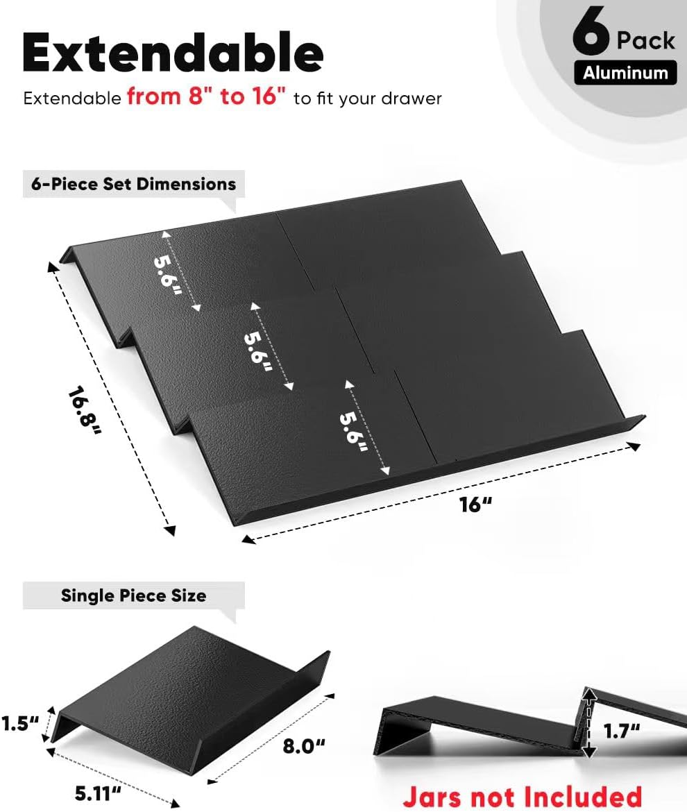 Artibear Expandable Aluminum Spice Rack Drawer Organizer for 8" to 16" Kitchen Cabinets Drawer Tray, Set of 6, Black