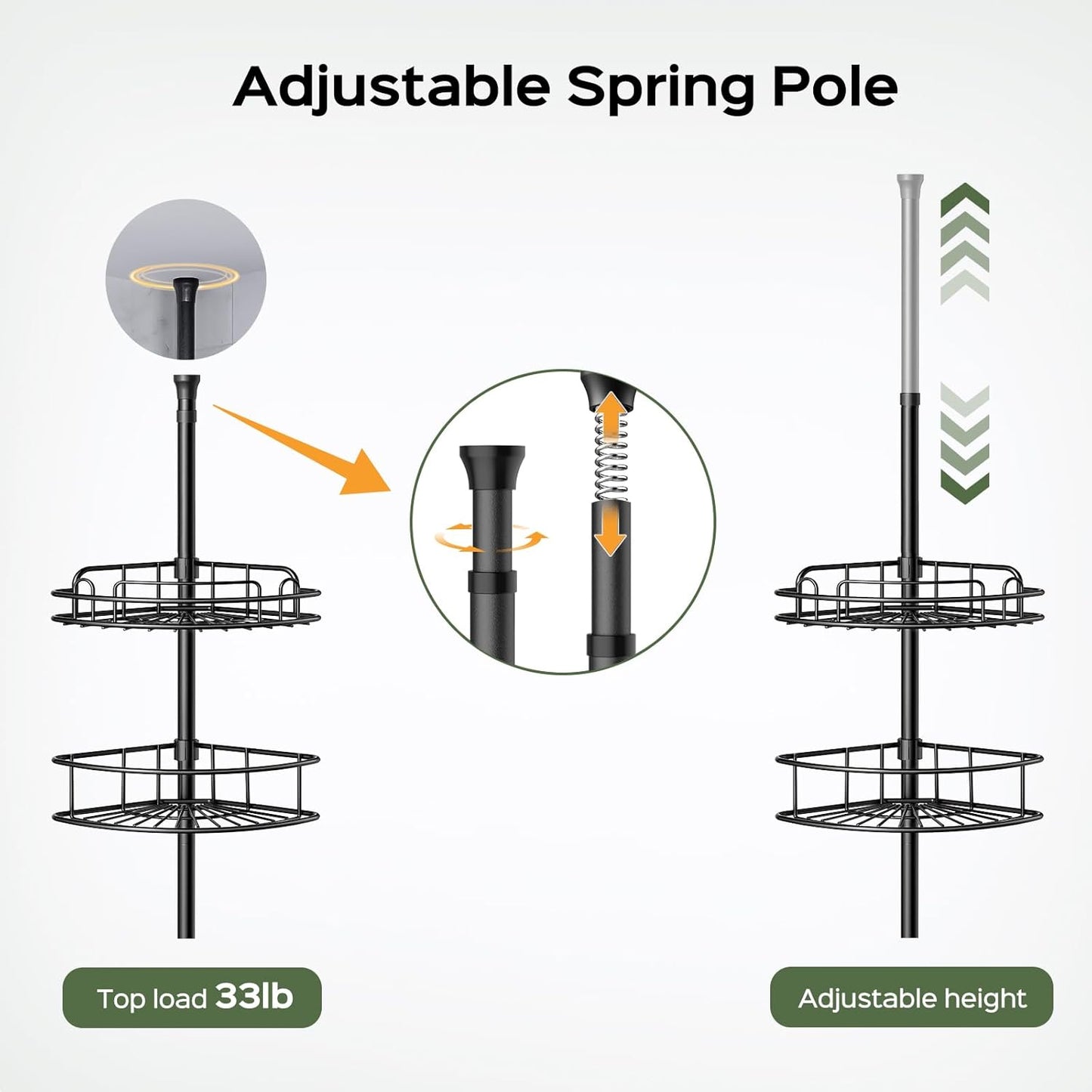 HAMITOR Corner Shower Caddy Tension Pole: 4-Tier Rust-Resistant Adjustable Bathroom Organizer Shelves - 47-121 Inch No-Drill Quick Installation - Space-Saving Storage for Renters Families - Black