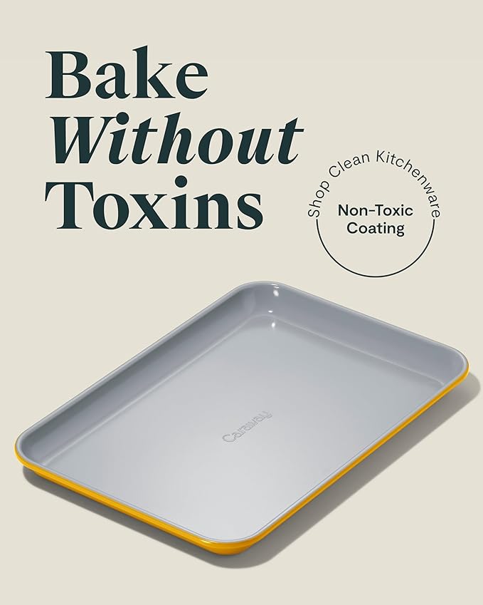 Caraway Nonstick Ceramic Small Baking Sheet Duo (9x13”) – Non-Toxic, PTFE & PFOA Free – Oven Safe – Aluminized Steel Core – Mini Sheet Pan for Baking, Roasting & More - Marigold