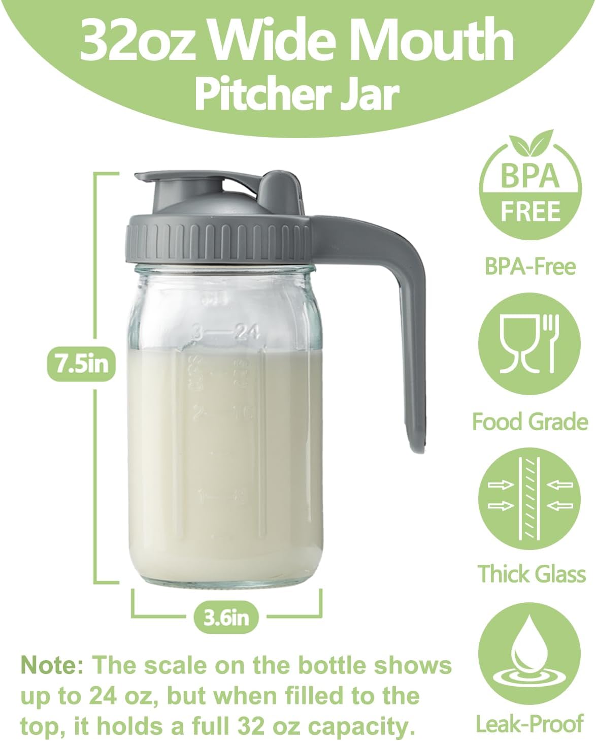 32oz Glass Pitcher with Lid & V-shaped Pour Spout - 1 Quart Breastmilk Pitcher Double Leak Proof, Creamer Container for Sun Tea, Juice, Cold Brew Coffee, Breastmilk Storage Container