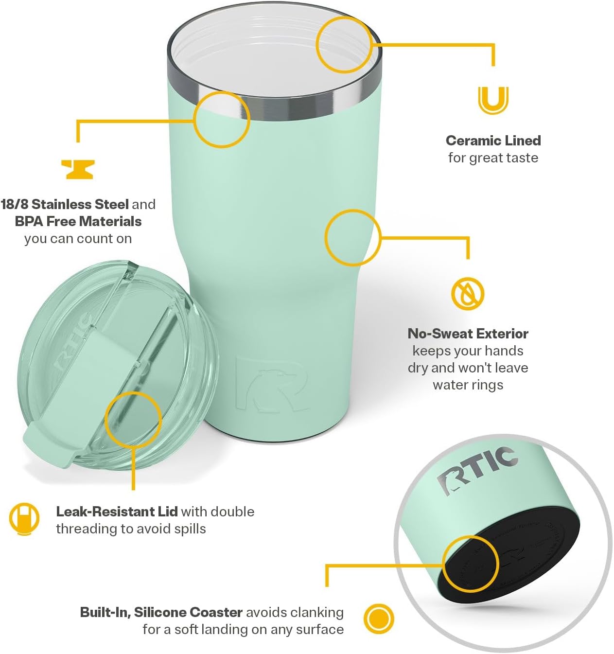RTIC 30oz Essential Tumbler with Lid, Ceramic Lined, Insulated, Stainless Steel, Metal, Double Wall Vacuum-Insulation, Travel Cup for Iced Coffee, Tea, Hot and Cold Drink, Fresh Mint