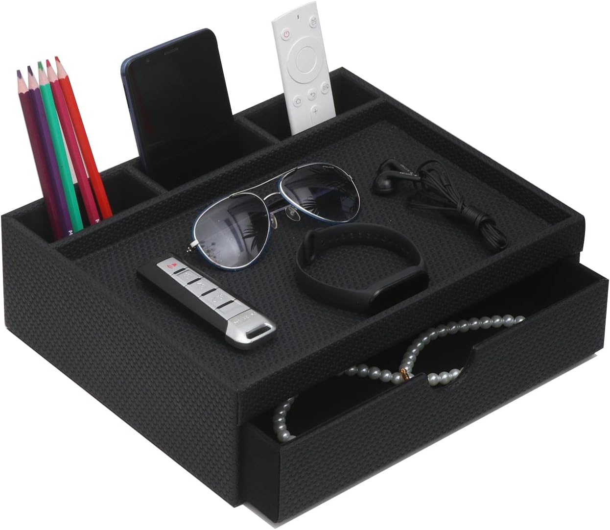 Leather Desk Organizer With Drawers, Home Cosmetics Organizer, Phone Remote Organizer, Drawer Plus Divider & Tray (black)
