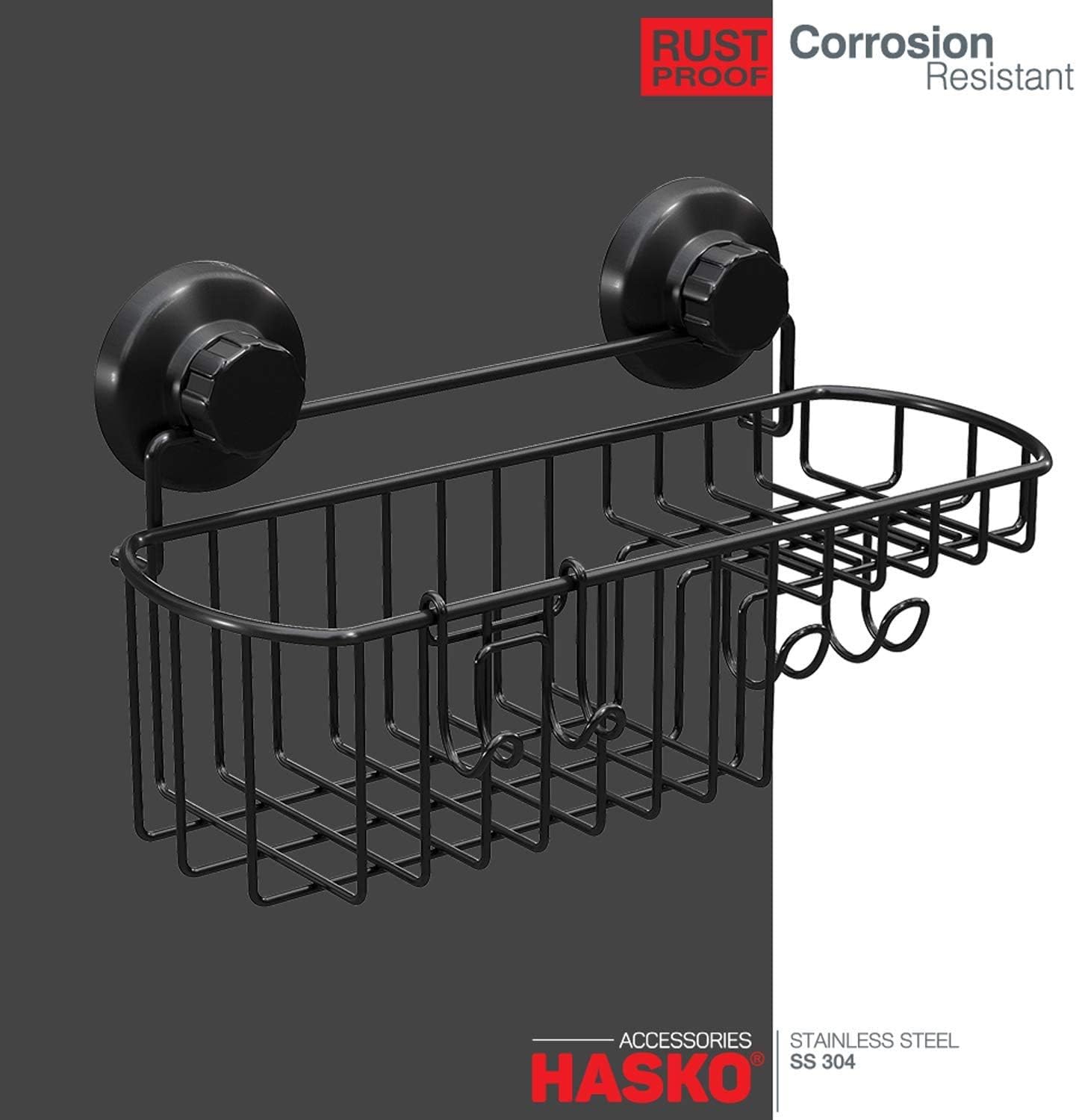 HASKO Shower Caddy Suction Cup, Shower Shelf with Soap Dish and Hooks Organizer, Suction Bathroom Shelf for Storage, Wall Mounted Basket, Black