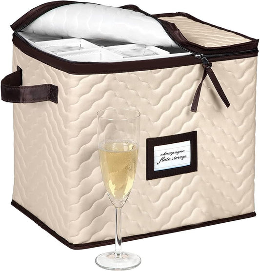 Wine Glass Storage Box with Dividers - Stemware Storage Case, Durable Quilted Microfiber Bin with Carry Handles, Protects Fine China - Durable Quilted Microfiber Bin with Carry Handles (1 Pack, Champagne Flute)
