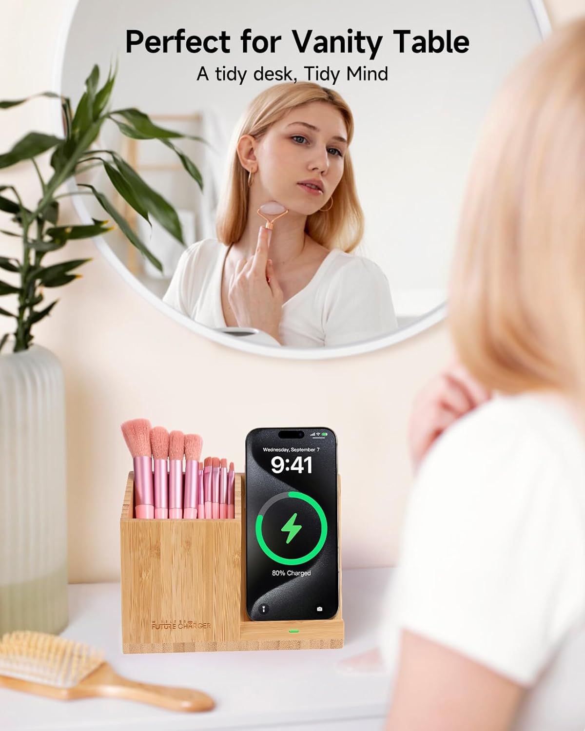 Bamboo Pen Holder for Desk & Nightstand Organizer with Fast Wireless Charging for iPhone, Samsung & More – Office Desk Accessories for Men/Women (Bamboo)