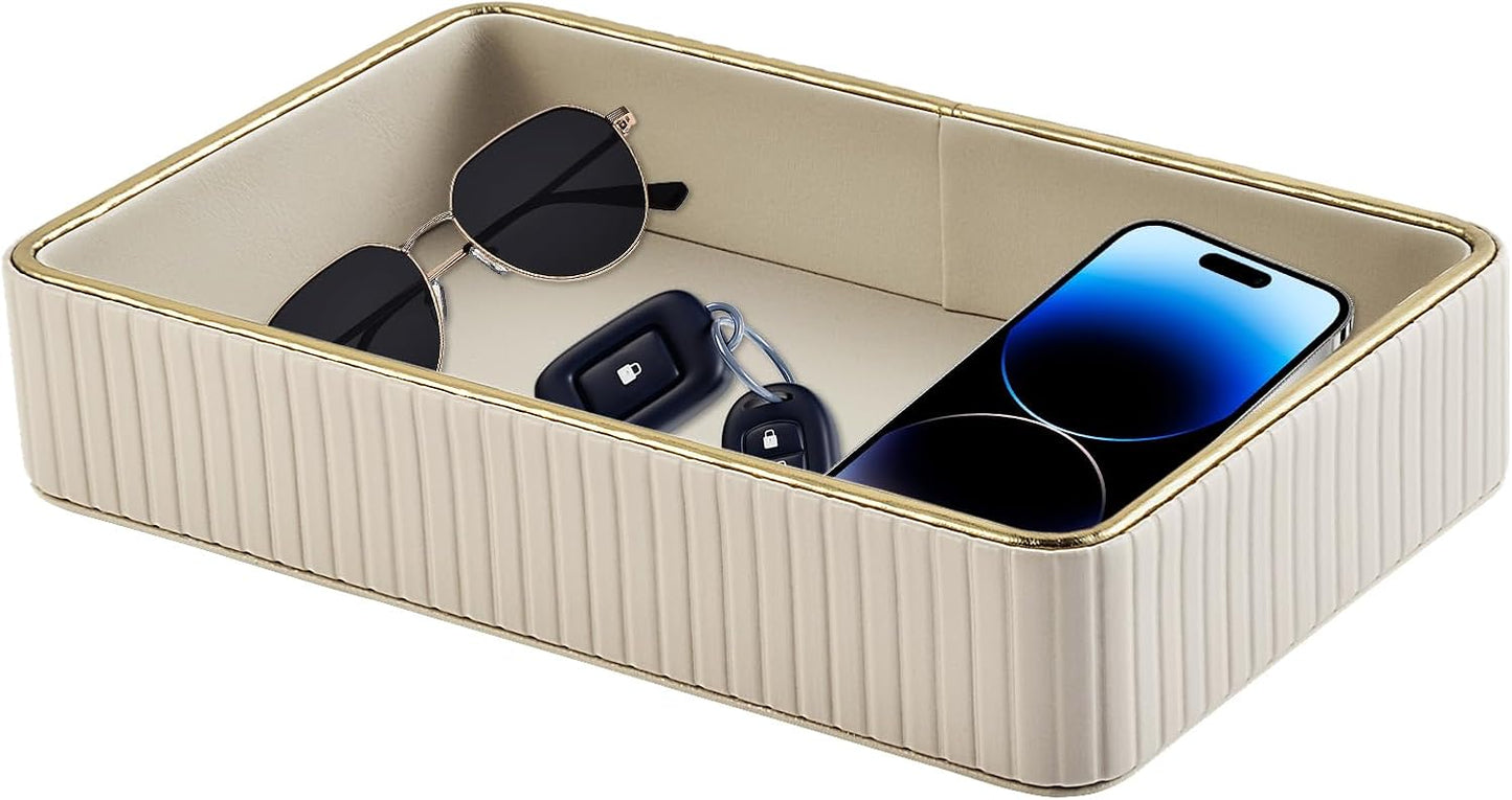 PU Leather Valet Tray,Desk Organizer Tray Nightstand Organizer Trinket Dish Storage Key Bowl Decorative Trays for Phone Wallet Jewelry Watch,Bathroom Bedroom Perfume Vanity Trays,Apricot