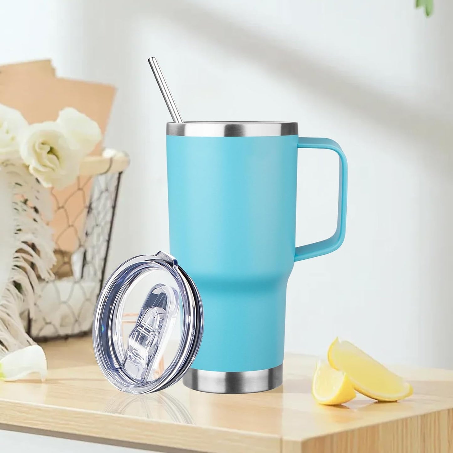 20oz Insulated Tumbler with Handle Stainless Steel Travel Coffee Mug with Lid and Straw Double Wall Vacuum Leak-proof Reusable Thermal Water Cup for Hot and Cold Drinks (Sky blue,1 Pack)