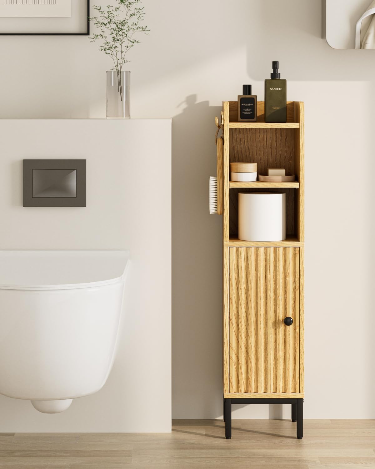 Bathroom Storage Cabinet, Small Corner Floor Hutch with Door and Shelves, Narrow Toilet Paper Cabinet, Bathroom Organizer with Adjustable Shelf, for Toile、Small Spaces