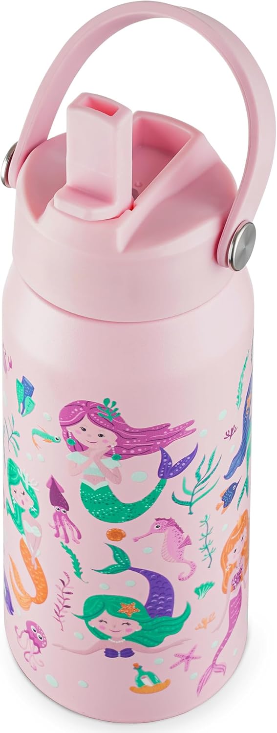 OLDLEY kids Water Bottle - 18oz Insulated Stainless Steel - Wide Straw Lid, Non Spill, Leakproof, Kids Water Bottle for School,Mermaid