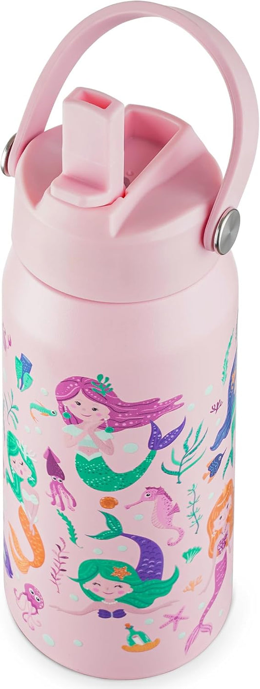 OLDLEY kids Water Bottle - 18oz Insulated Stainless Steel - Wide Straw Lid, Non Spill, Leakproof, Kids Water Bottle for School,Mermaid