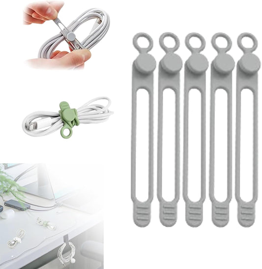 Silicone Cable Ties, 2024 New Data Cable Organizer Silicone Cable Ties Reusable Cable Management Organizer Multipurpose Cable Management for Travel/Portable/Office/Home Desk (Grey, 5 Pcs)