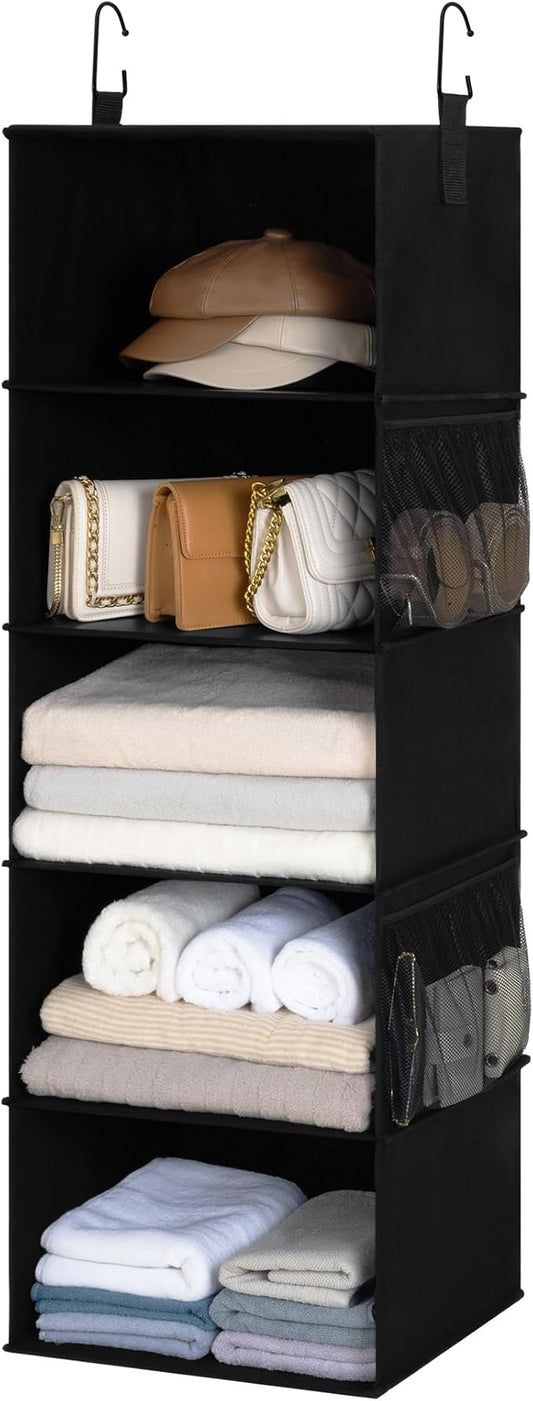 StorageWorks 5-Shelf Hanging Closet Organizers, Foldable Closet Storage Organizer with 2 Side Pockets, Portable Hanging Shelves for Clothes, Sweater, Towels, 13" D x 15" W x 47 ¾" H, Black