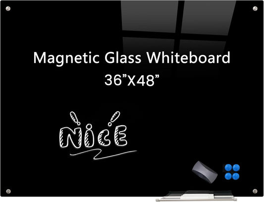 Magnetic Glass Dry Erase Board White Board Wall Mounted Whiteboard, Large Frameless White Board (Glassboard Black, 48" W x 36" H)