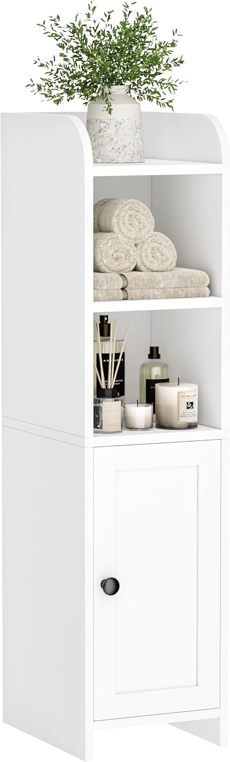 Homhedy Small Bathroom Storage Corner Floor Cabinet with Door and Shelves, Beside The Toilet Paper Stand for Skinny, Narrow Toilet Paper Cabinet, 9.8" D x 7.9" W x 31" H, White