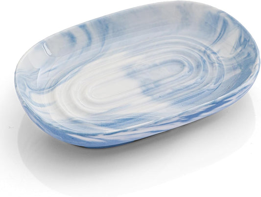 Handcrafted Fancy Ceramic Soap Dish, Decorative Soap Holder with Unique Marble Textures, Multi-Purpose Soap Bar Holder for Bathroom & Kitchen, Non-Slip & Waterproof (Blue Texture)