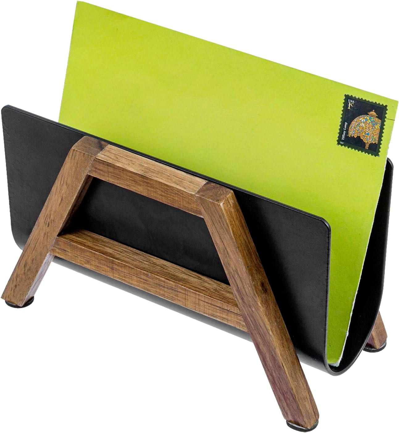 MyGift Modern Desktop Mail Holder, Urban Solid Acacia Wood and Matte Black Metal Tabletop Letter Sorter