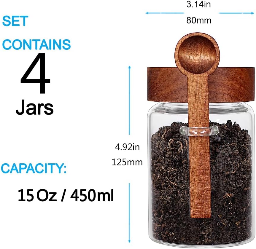 SAIOOL Loose Leaf Tea Storage Canister Set, 4 Pieces 16 OZ Glass Tea Containers with Wooden Lids and Spoons for Loose Tea, Coffee, Sugar, Oatmeal, Herbs (Tea Canisters)