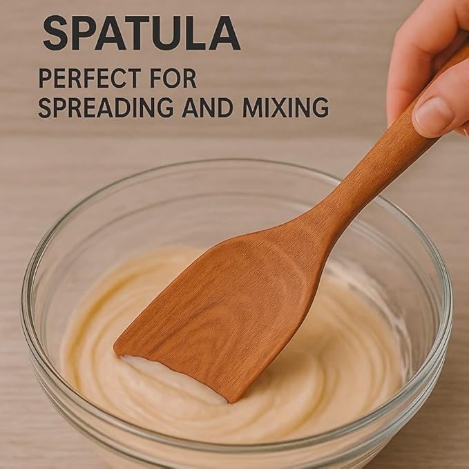 6-Piece Wooden Utensil Set – Premium Teak Wood Cooking Spoons & Spatulas, Non-Stick, Heat-Resistant, Durable & Eco-Friendly Kitchen Tools for Cooking & Serving