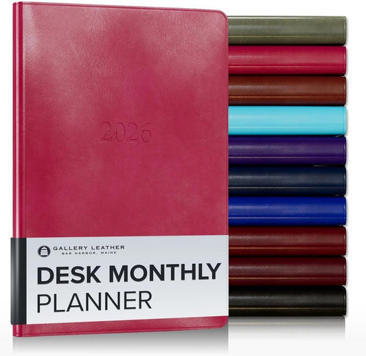 Gallery Leather Desk Monthly Planner 2025-2026, Elegantly Bound Calendar Planner and Notebook with Stylish Gold-Gilded Page Edges, 18 Months - Acadia Wild Rose - 8x5.5”