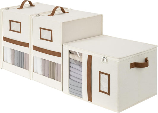 StorageWorks 3-Pack Bed Sheet Organizers and Storage, Foldable Bedsheet Holder for Linen Closet, Bedding Container with Handle, Beige, 15" D x 12¾"W x 10" H