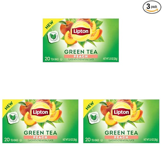 Lipton Green Tea Bags, Peach | 20 Tea Bags | Pack of 3 | With Caffeine | With Flavonoids