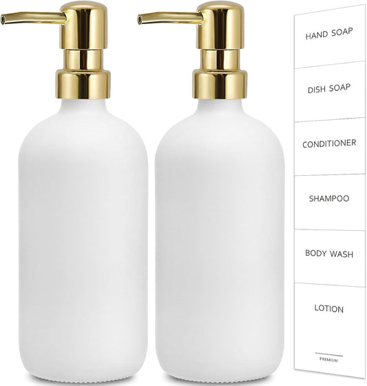 GMISUN White Soap Dispenser, 2 Pack Glass Hand Soap Dispensers Bathroom with Gold Pump, 17 Fl Oz Dish Soap Dispenser Set for Kitchen, Refillable Modern Liquid Soap and Lotion Dispensers Bottle