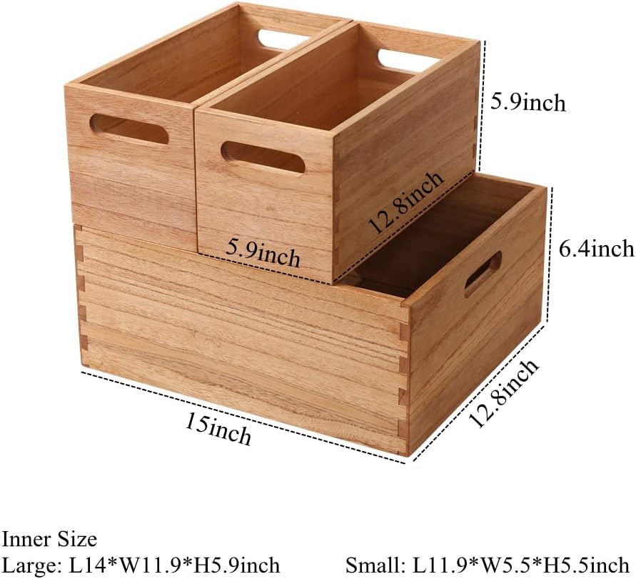 Wooden Baskets for Clothes Storage and Shelf Organizing -Natural Wood Decorative Storage Boxes with Handles for Office Bookshelf and Closet- Cabinets Cube Bins Organizer Light (3TH-LT)