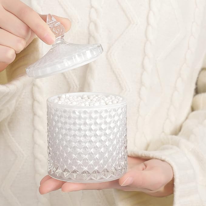 2 Pack Qtip Holder Thick Glass Apothecary Jars with Lid for Bathroom Decor Storage Organizer for Cotton Swabs, Balls, Pads, Floss Picks, Candy, Jewelry, White