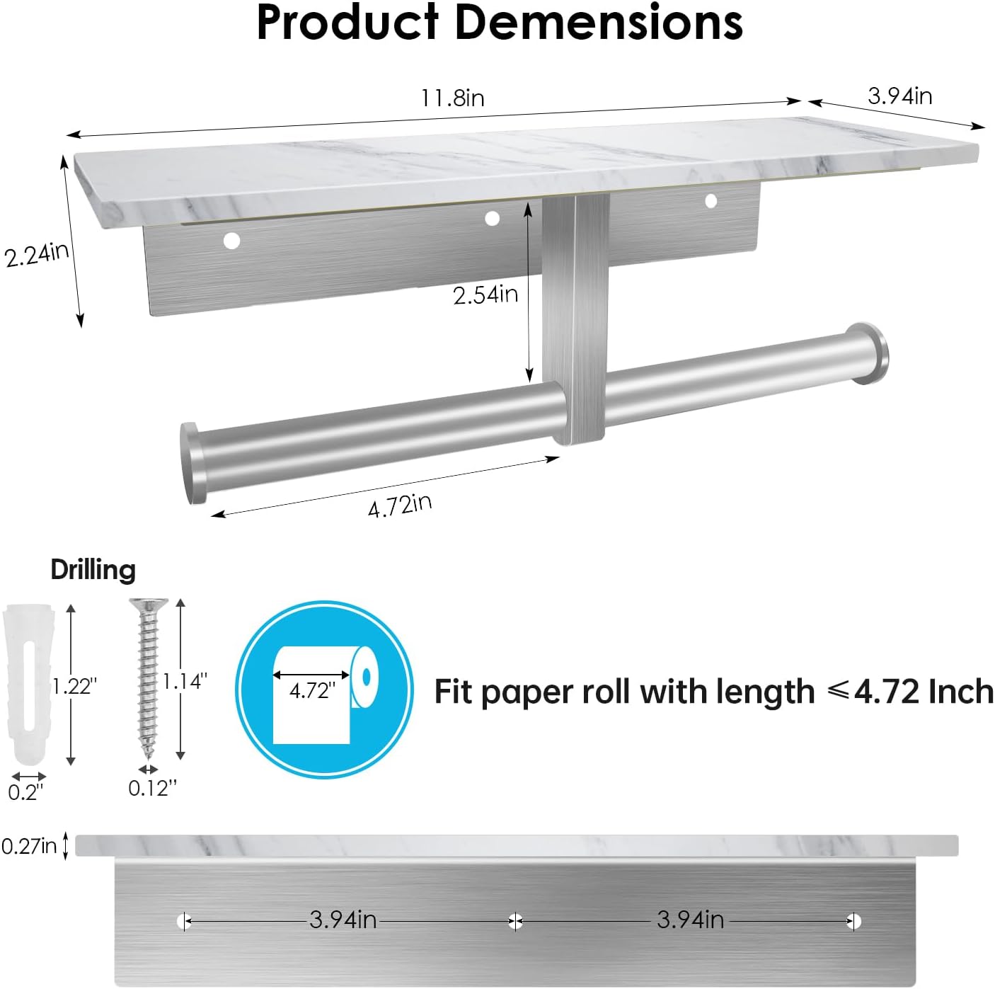 Toilet Paper Holder with Shelf, Double Toilet Paper Holder Wall Mount and 2PCS Free Adhesive Hooks for Bathroom Washroom, Marble Toilet Paper Holder Brushed Nickel