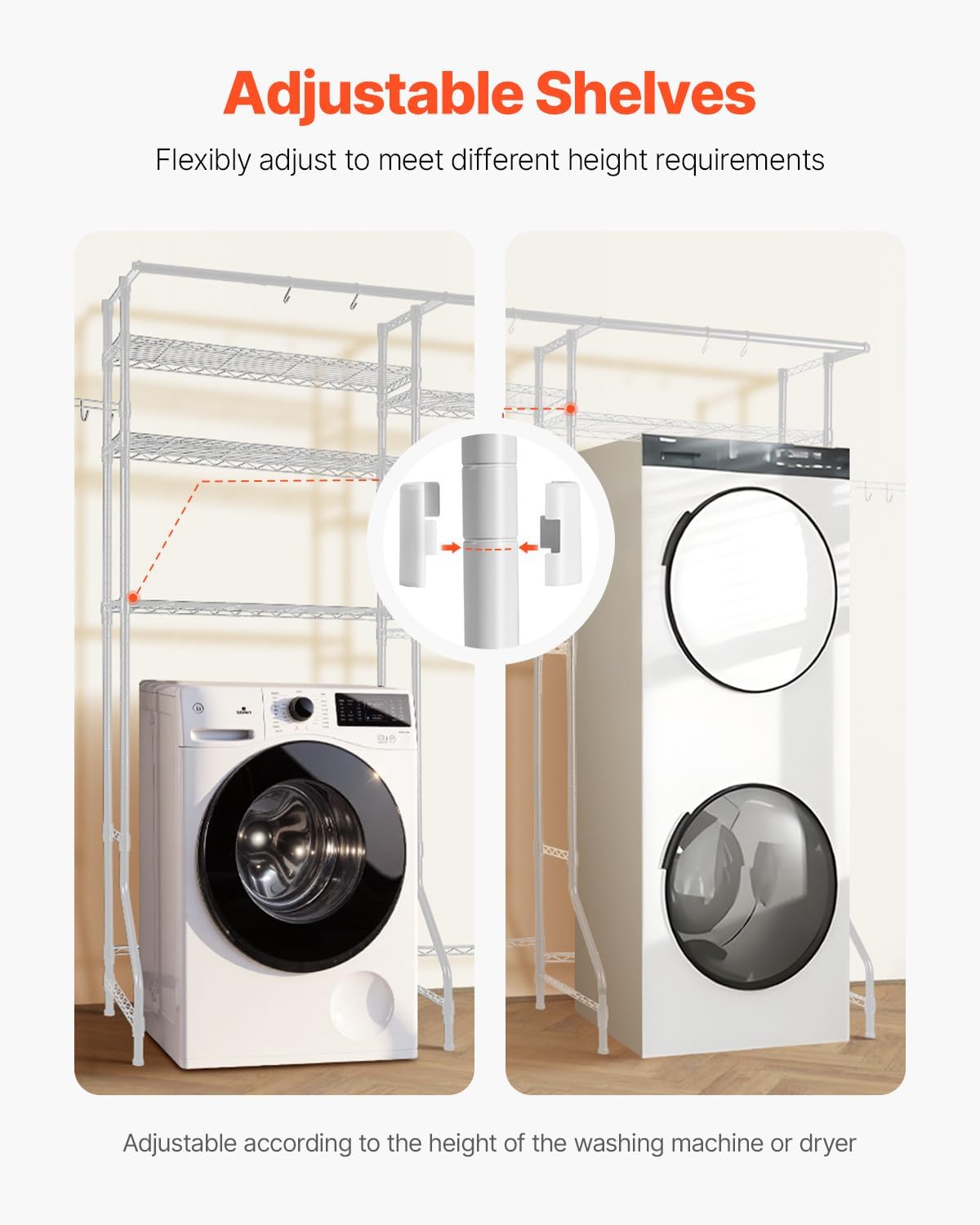 VEVOR Over The Washer and Dryer Storage Shelf, 6 Tier Laundry Room Drying Rack with Hanger Rod and Hooks, Adjustable Over Washer and Dryer Shelves, Laundry Room Shelf Storage Space Saver, White