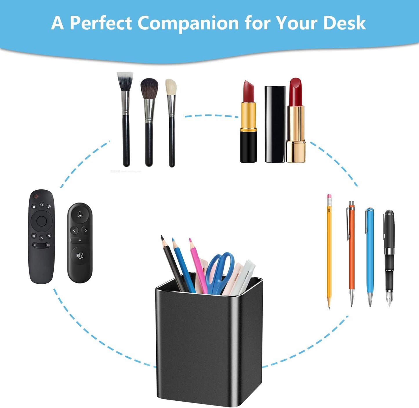Pen holder,square pen cup, Metal pen pencil holder, desktop pencil cup stationery organization office desktop accessories, suitable for office, school, home and stationery supplies. (Black)