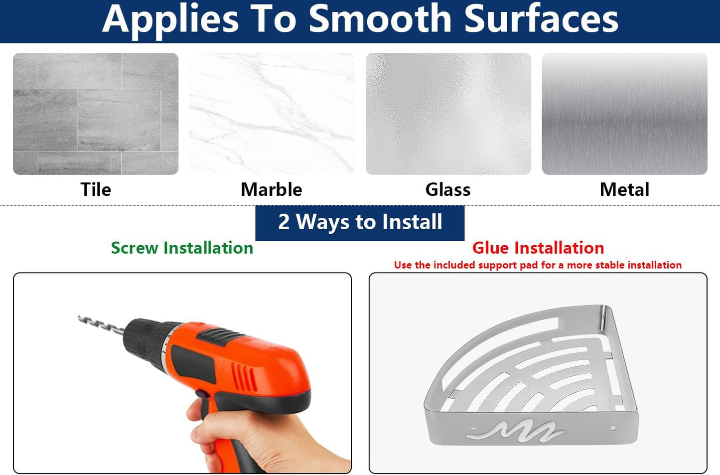 NearMoon Bathroom Shower Caddy 2 Pack, No Drill 304 Stainless Steel Shower Organizer with 2 Hooks (Corner Shelf, Chrome)