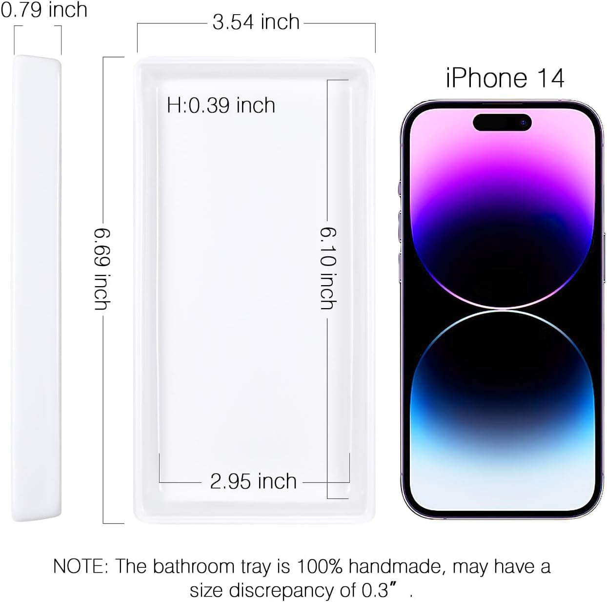 Luxspire Bathroom Vanity Tray, Mini Soap Dispenser, Small Ceramic Perfume and Jewelry Dish, Trinket Holder, Rectangle Candle Tray, Bath Organizer Kitchen Sink Narrow Dish, White