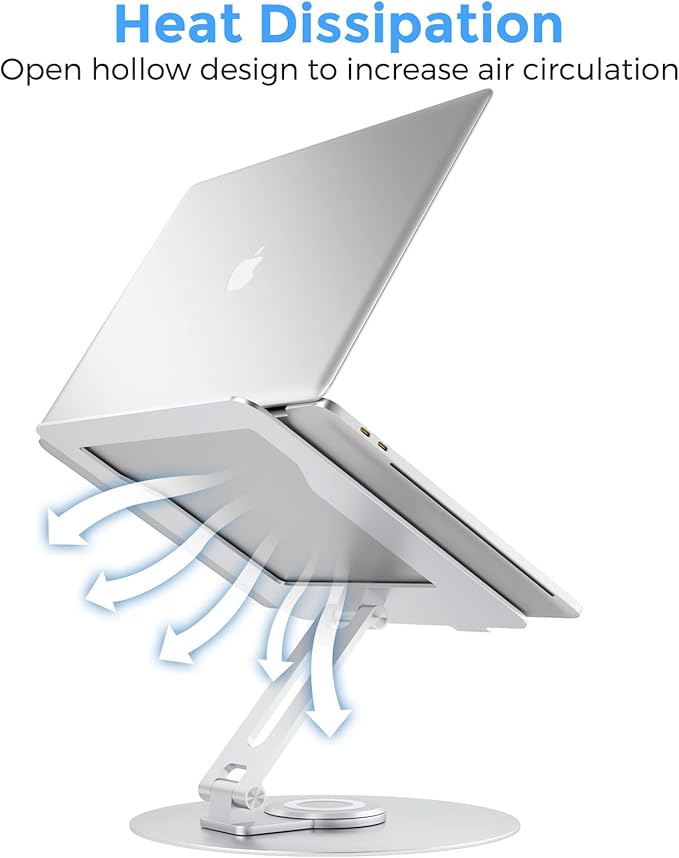 Swivel Laptop Stand for Desk, Adjustable Height Aluminum Computer Stand with 360 Rotating Base, Foldable Ergonomic Riser, Portable Laptop Holder Compatible with MacBook, All Laptops 10-17'', Chrome