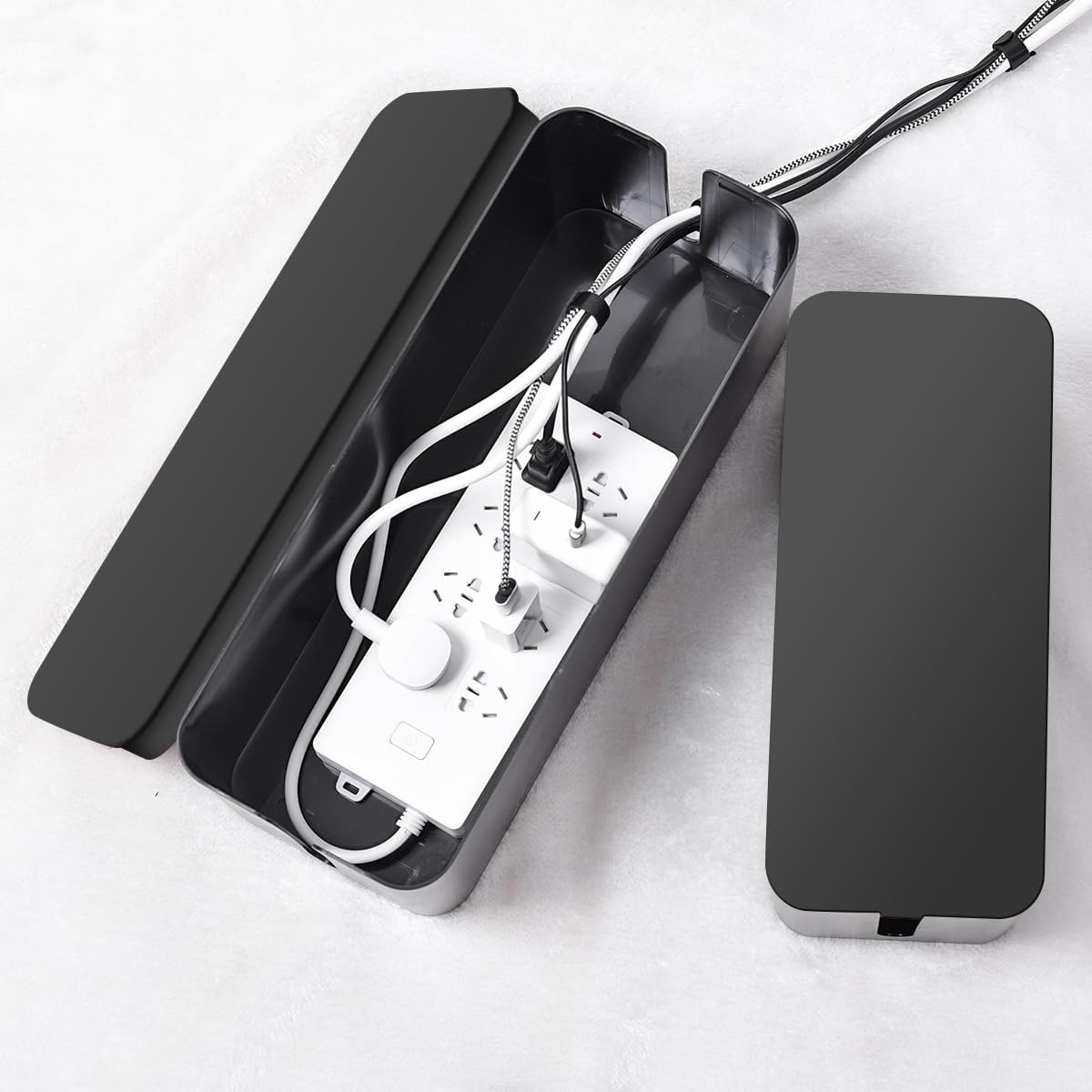 Cable Management Box, 2 Pack Large & Medium Cable Organizer Box with 17 PCS Cable Management Set, Cord Organizer Box to Hide Surge Protector on Desk or Floor (Black)