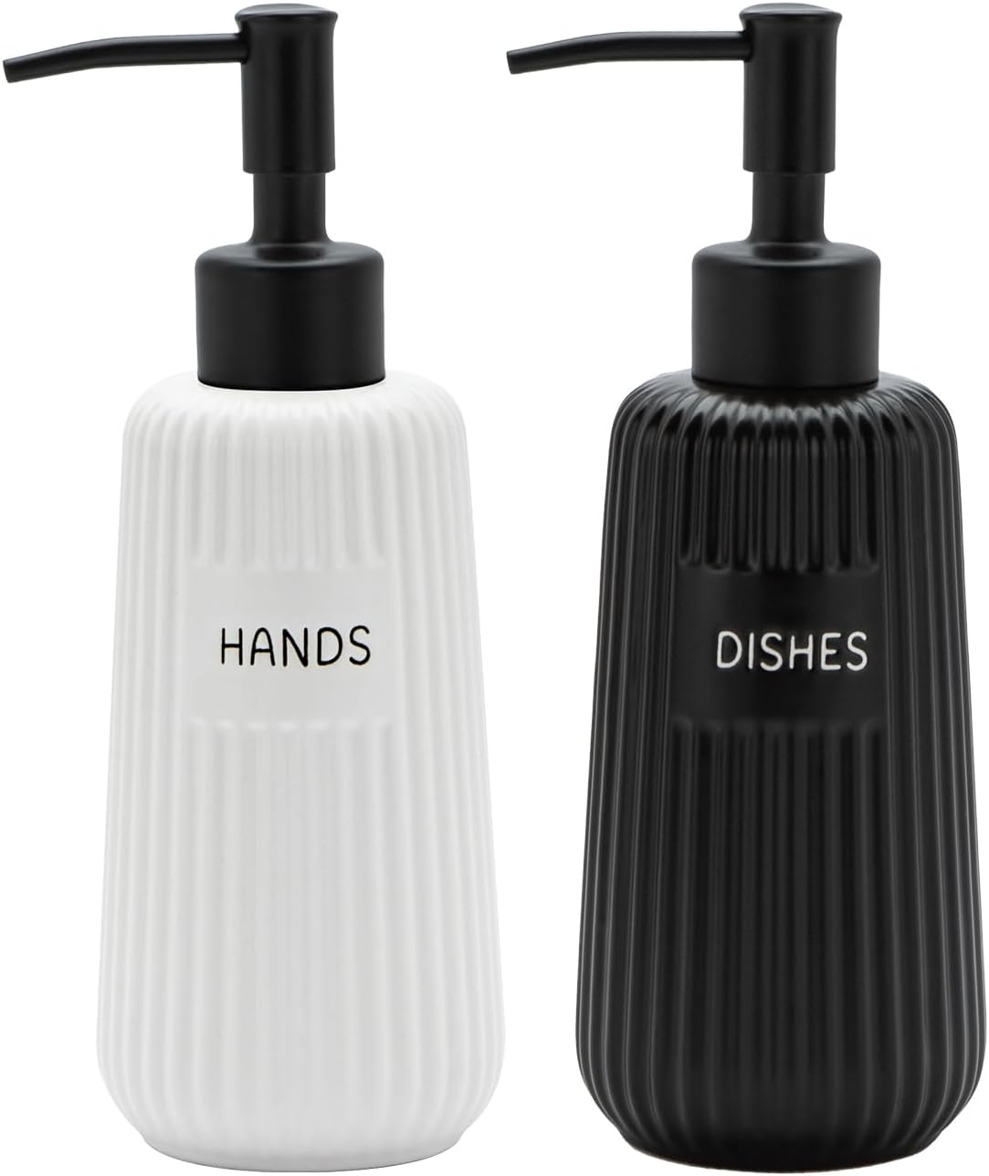 Kitchen Soap Dispenser Set with Stainless Steel Pump and Funnel, Modern Ceramic Refillable Hand and Dish Soap Dispenser Set for Kitchen, Bathroom, Office, Hotel, Matte Black and White