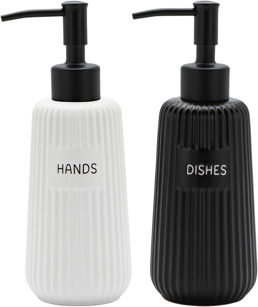Kitchen Soap Dispenser Set with Stainless Steel Pump and Funnel, Modern Ceramic Refillable Hand and Dish Soap Dispenser Set for Kitchen, Bathroom, Office, Hotel, Matte Black and White