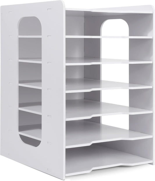 Paper Organizer Storage for Desk, 7 Tier Construction File Organizer Paper Sorter, Desktop Document Storage Holder for Home Office School, White